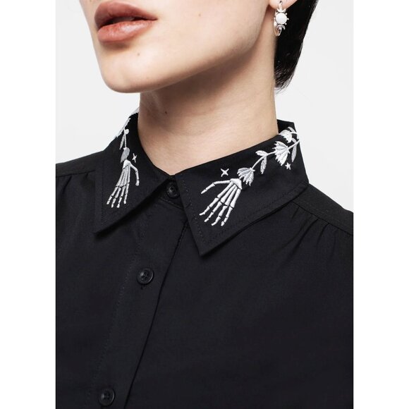 Disturbia Tempora Embroidered Midi Shirt Dress Skeleton Hand Belted Black US 12 - Picture 5 of 16